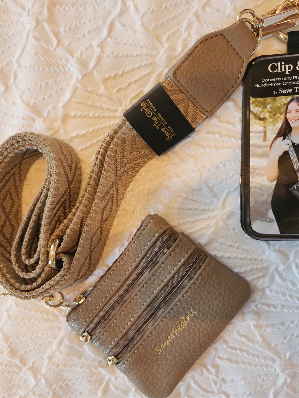 Save The Girls Clip & Go Strap Crossbody Phone Carrier with Matching Pouch